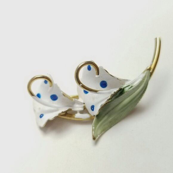 Vintage Blue Polka Dot Enamel Flower Brooch Retro 50s 60s Style Lapel Pin Estate - Picture 5 of 6